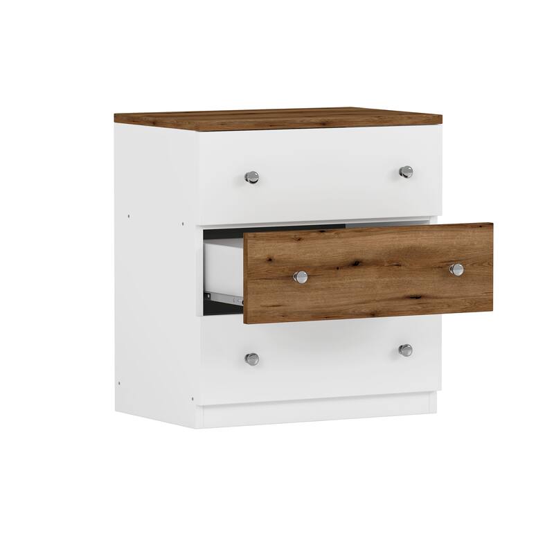 3-Drawer Wooden Nightstand with Colorblock Design, Metal Handles, and Storage Cabinet, White+Brown