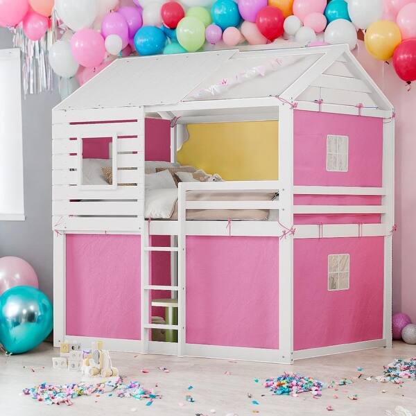 slide 2 of 15, Elegant Playhouse Design Full Size Bunk Wood House Bed with Tent,Pink+White Pink+White