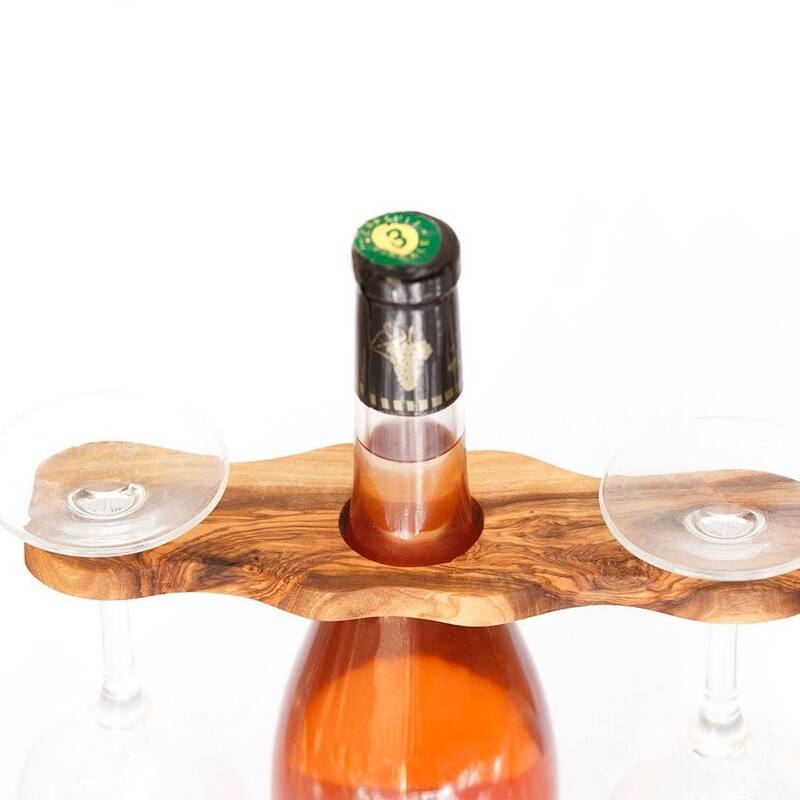Olive wood wine bottle and 2 glasses holder