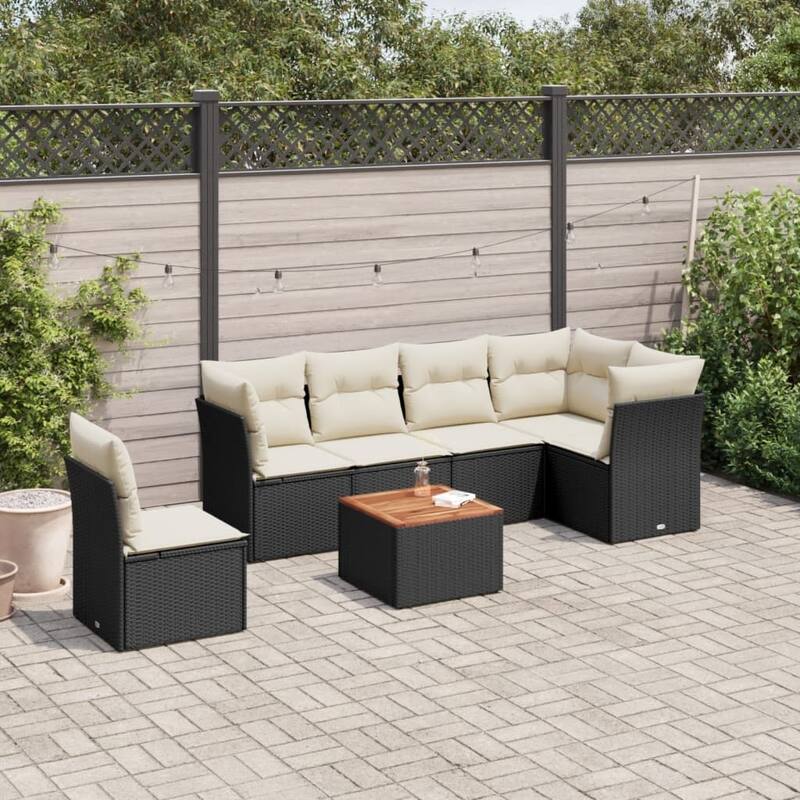 vidaXL Patio Sofa Set with Cushions Outdoor Furniture 7 Piece Poly Rattan - 21.7 x 21.7 x 14.6 - Black and Cream-3x middle+table+3x corner