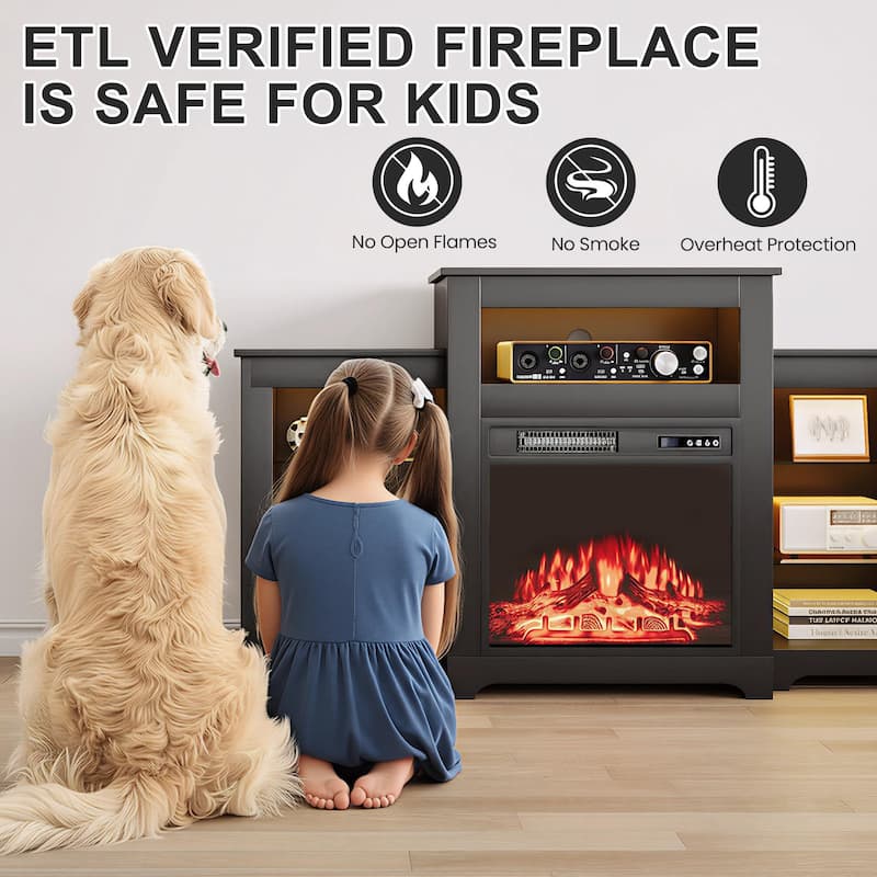 32" H Fireplace TV Stand, 55/70 Inch Media Console for TVs up to 80", Remote, Storage & LED Lights