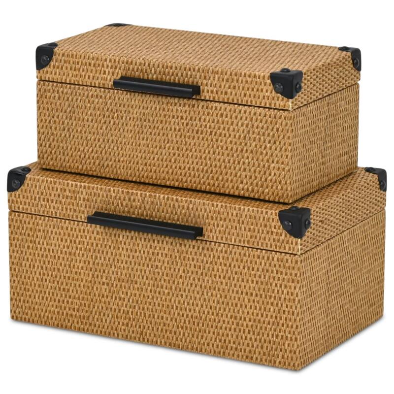 Iseult Set of 2 Rectangular Decorative Storage Boxes - Dark Brown Wicker Rattan Pattern