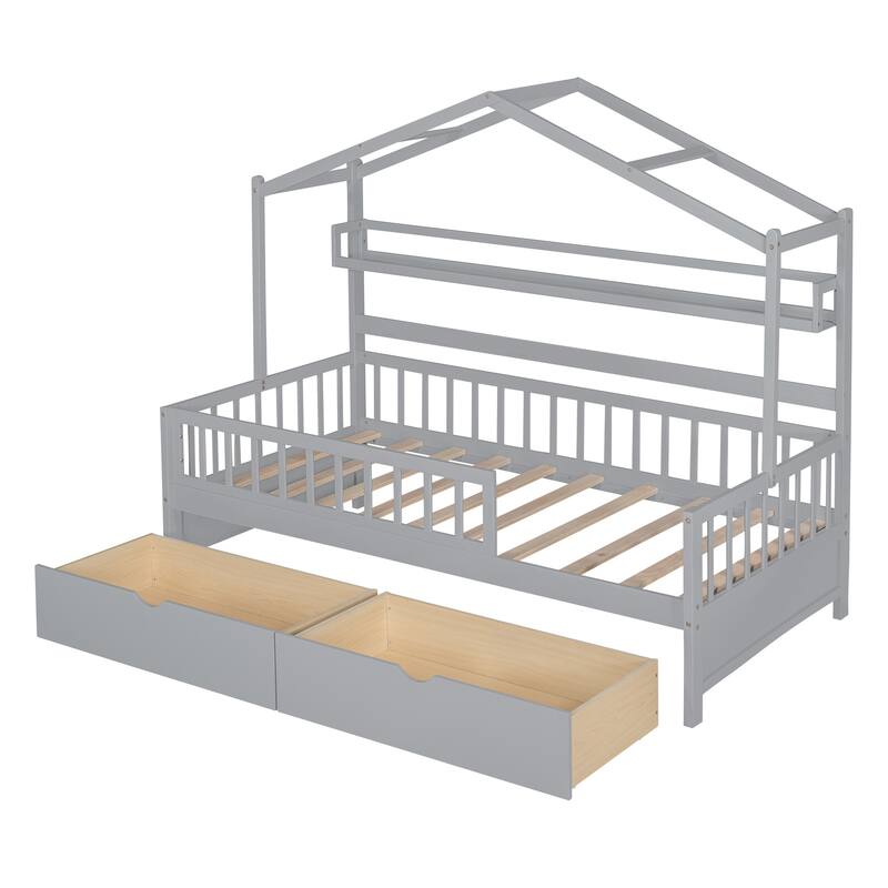 Pinewood House Bed with Roof, 2 Drawers, and Shelf, Full-Length Guardrails