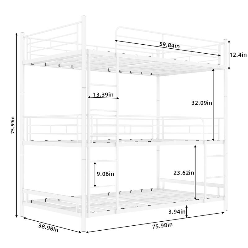 Heavy-duty Triple Frame Bed with Built-in Ladder and Full-length Railing, Space-saving, Easy to Assemble, White