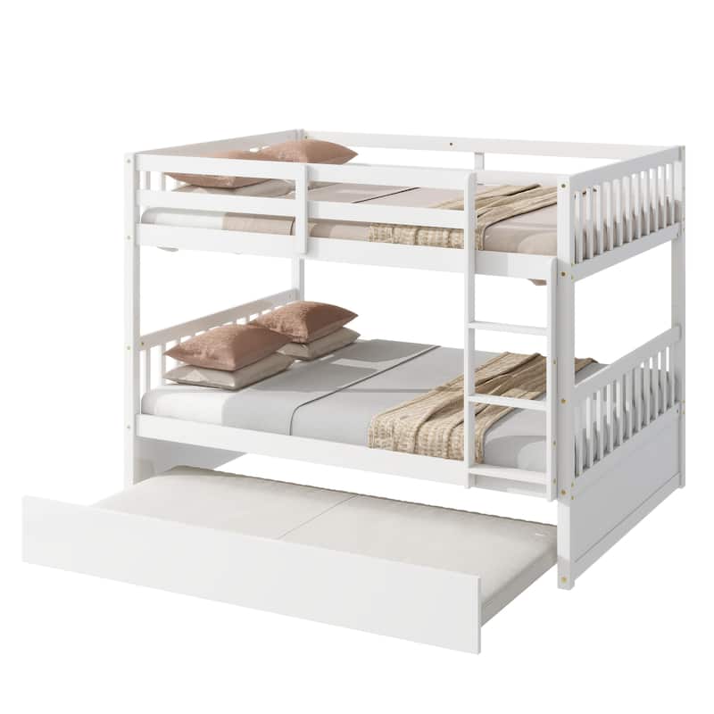 Full Over Full Rubber Wood Bunk Bed: Trundle, Ladder, Guardrails, Convertible to 2 Full Beds + Twin Trundle