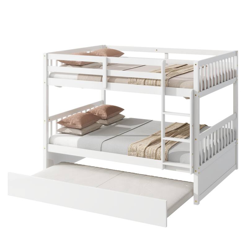 Full Over Full Rubber Wood Bunk Bed w/ Trundle, Ladder & Guardrails, Convertible to 2 Full Size Beds, White