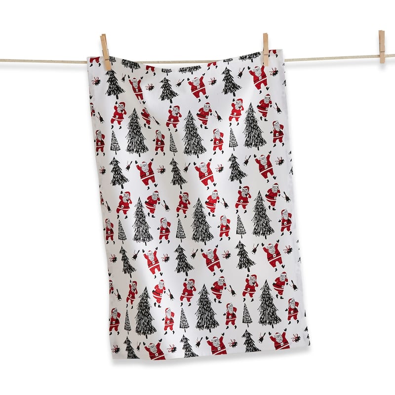 Santa & Trees Christmas Cracker Dishtowel - Multicolor Cotton Kitchen Towel, 26" x 18", Machine Washable