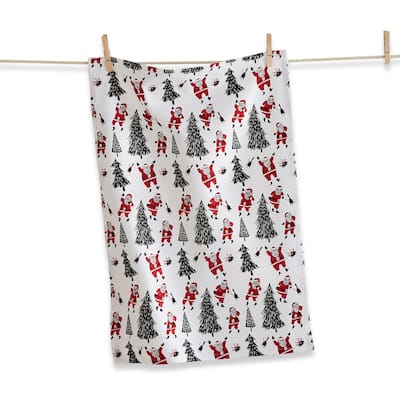 Santa & Trees Christmas Cracker Dishtowel - Multicolor Cotton Kitchen Towel, 26" x 18", Machine Washable