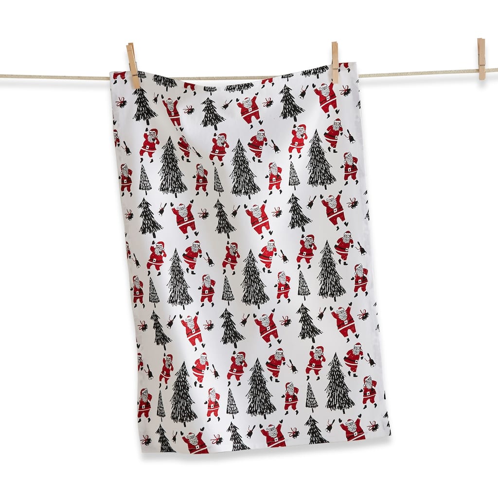 Santa & Trees Christmas Cracker Dishtowel - Multicolor Cotton Kitchen Towel, 26" x 18", Machine Washable