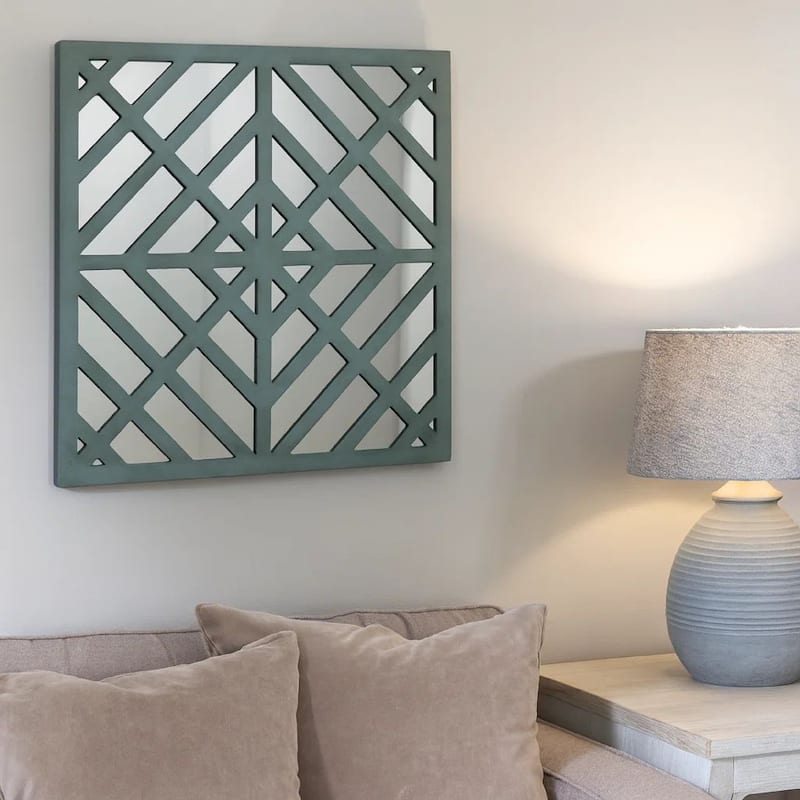 Contemporary Mirrored Wall Decor Set of 2 with Geometric Overlay on Top, Blue and Silver