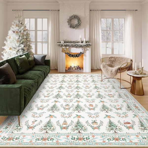 slide 2 of 29, Christmas Area Rugs for Living Room Bedroom Xmas Tree Festival Winter Decorations Rugs Soft Foldable Accent Rug 4'x6' - Beige