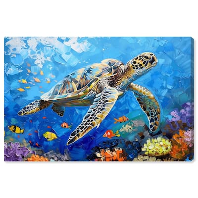 Art Remedy Turtle Swimming Gallery Wrapped Colorful Coastal 1 Piece Canvas Wall Art