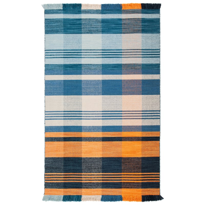 SAFAVIEH Striped Kilim Siofra Wool Fringe Rug - 6' Square - Orange/Blue