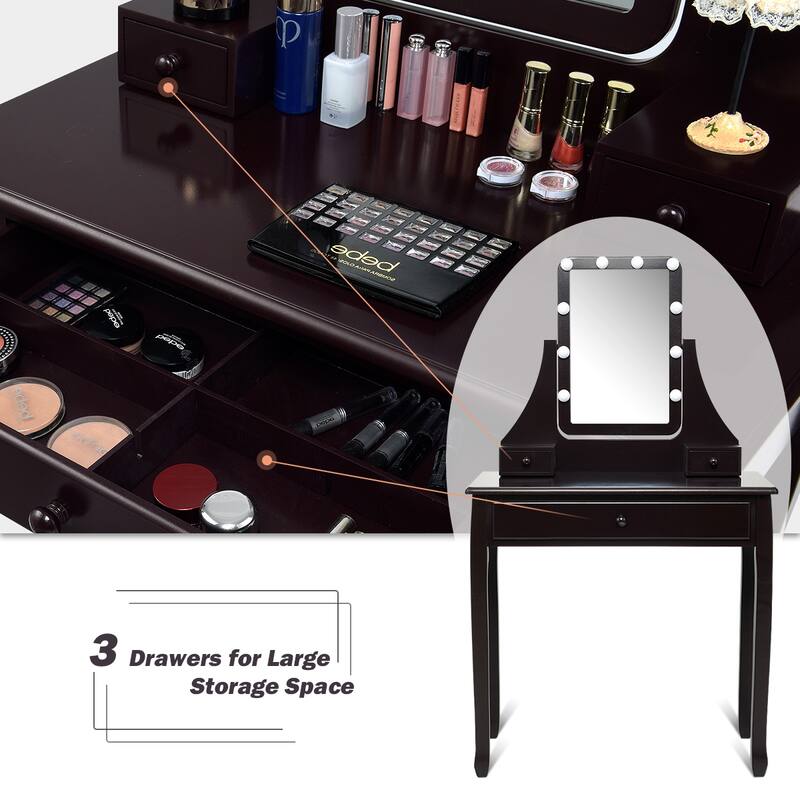 Costway Vanity Table 10 Dimmable Bulbs Makeup Desk WhiteBlackBrown