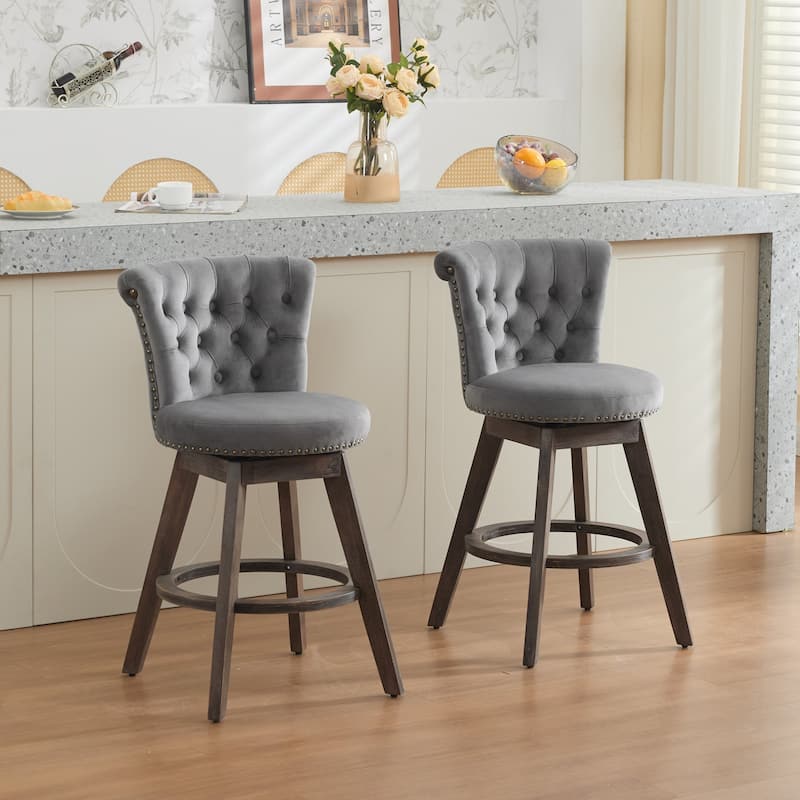 360° Swivel Bar Stools Set of 2 Velvet Upholstered Counter Stools for Kitchen with Tufted Button Back and Nailhead Trim - Grey
