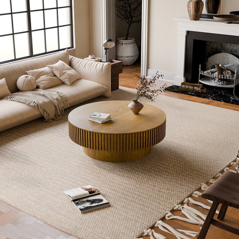 39.37" Round Coffee Table with Storage Solid Wood Veneered Modern Accent Table for Living Room or Bedroom