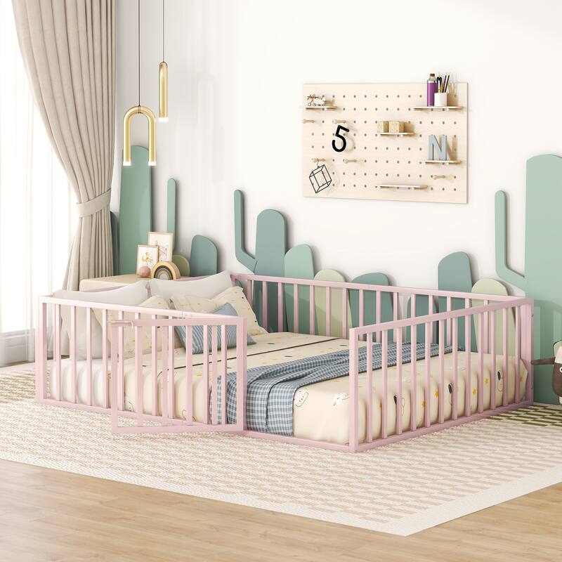 Elegant Twin Floor Bed Frame with Opening Door, Metal Design for Kids Room