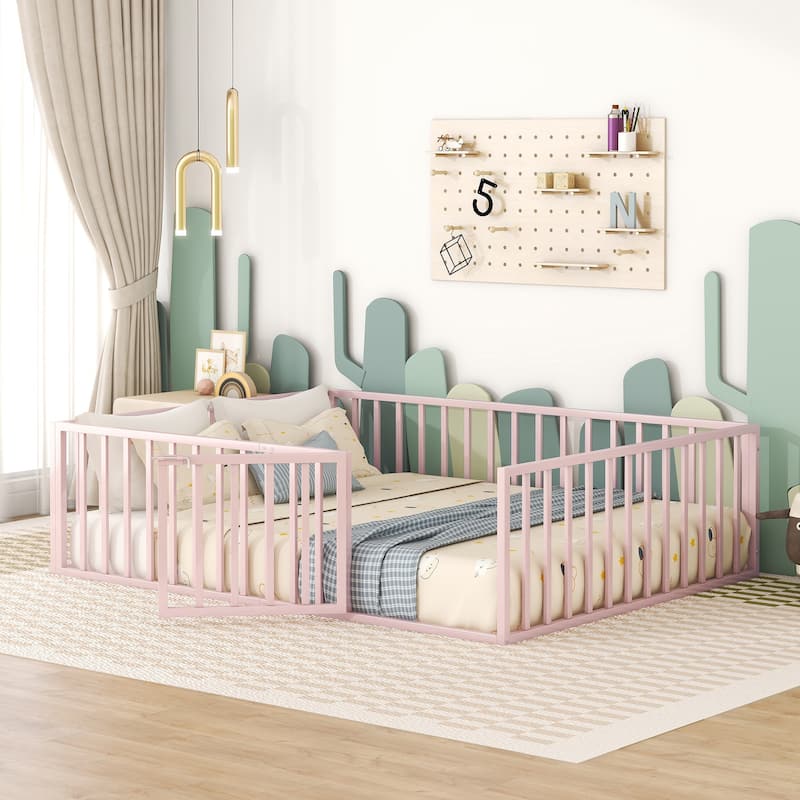 Queen Size Metal Floor Bed Frame with Fence and Door, Pink - Pink