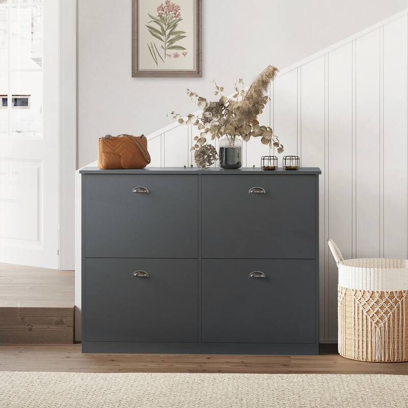 Retro Slim Narrow Shoe Cabinet with 4 Flip-Top Drawers for Entryway and Bedroom - Grey