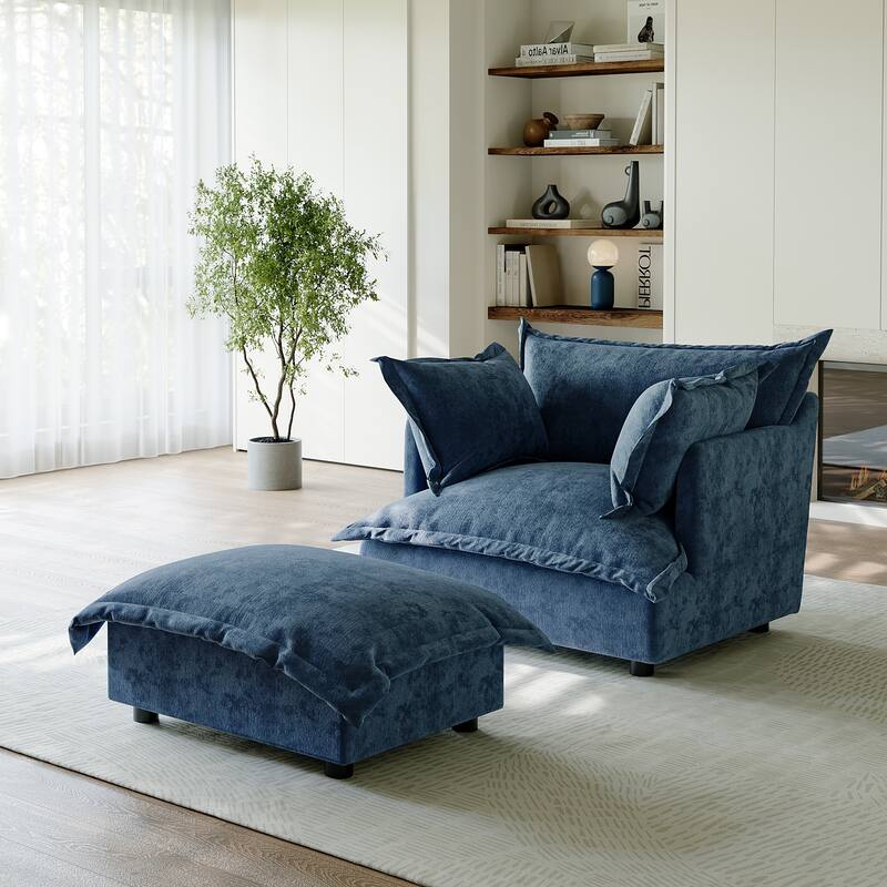 39"W Oversized Chenille Comfy Cloud Chaise Lounge with Ottoman