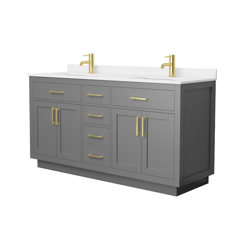 Beckett TK 66-inch Double Vanity, Single Hole Quartz Top - Dark Gray, Gold Trim, White Quartz Top