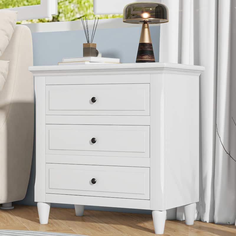 Fully Assembled 3-Drawer Nightstand, MDF & Pine Wood with Rubberwood Legs, Metal Ball Slide Glides
