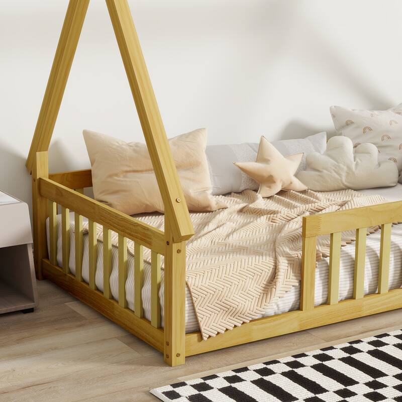 Twin Tent Shaped Floor Bed with Fence, Wooden Kids Teepee Bed Frame