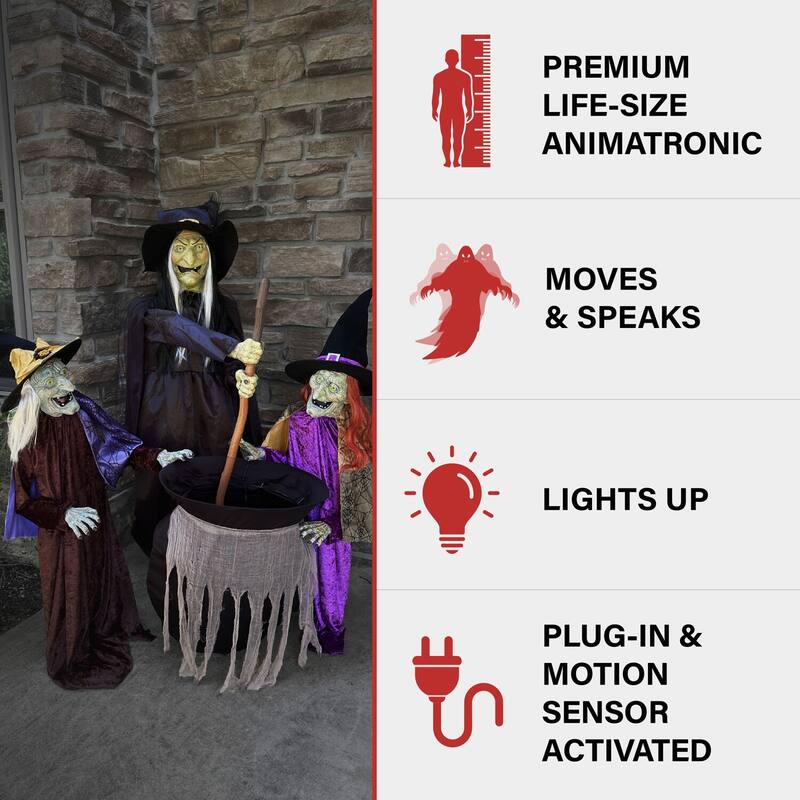Haunted Hill Farm Motion-Activated Wicked Sitchwick Sisters, Premium Talking Halloween Animatronic, Plug-In
