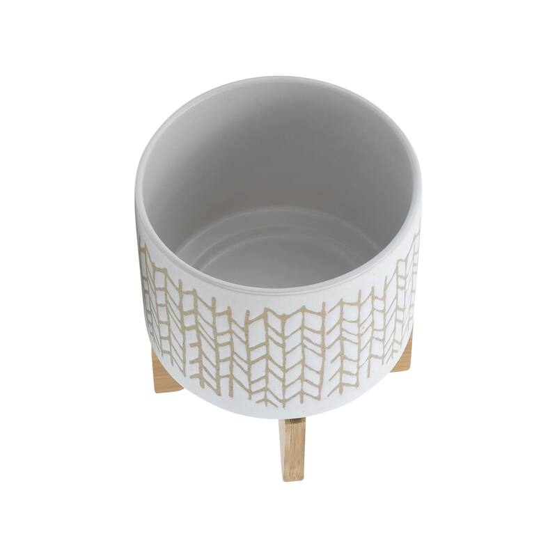 8" Ceramic Planter Stand, Ivory/Beige Chevron with Wooden Base, Indoor/Outdoor Planter with Stand For Your Succulents