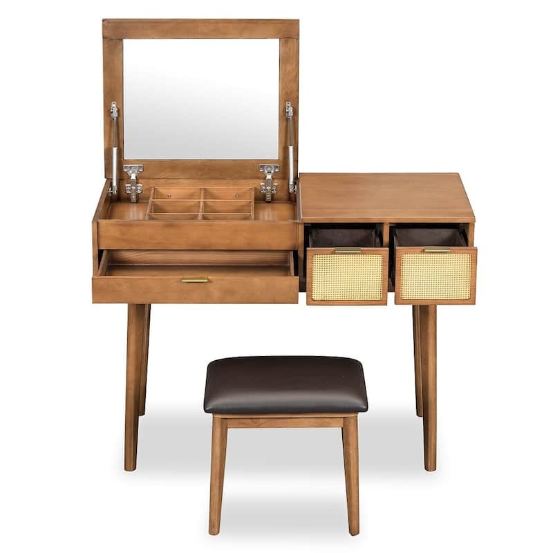 43.3" Classic Wood Makeup Vanity Set with Flip-top Mirror and Stool, Dressing Table with Three Drawers and storage space