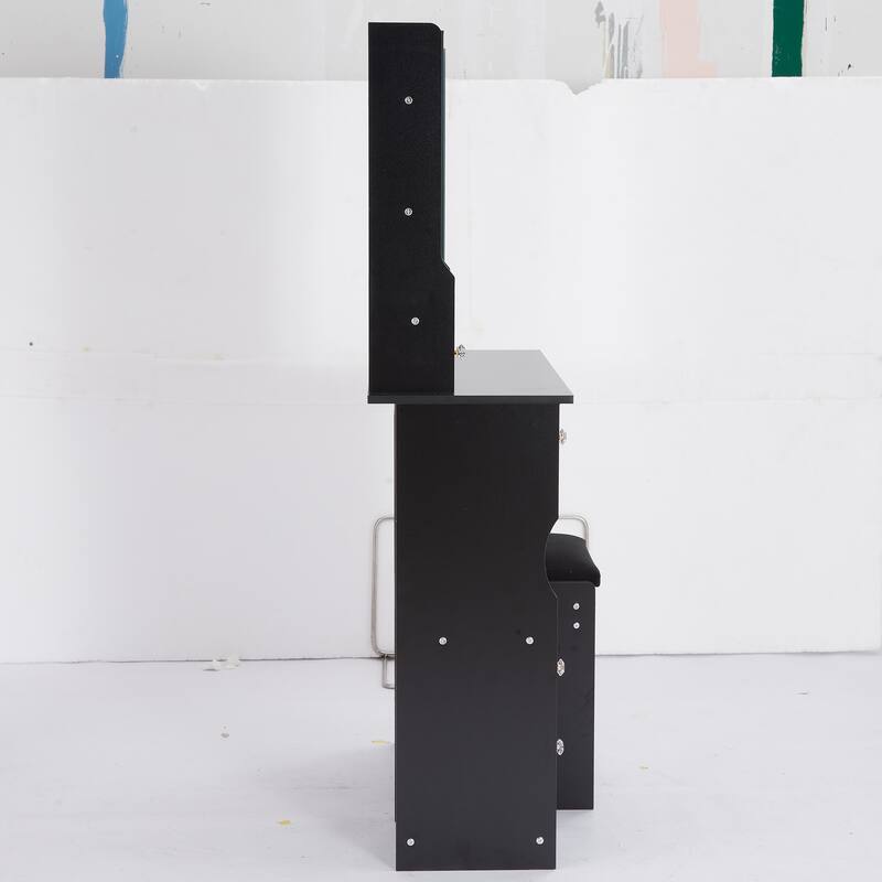 29.2" Small Space Left Drawer Desktop Vanity Table + Cushioned Stool, Extra Large Right sliding mirror