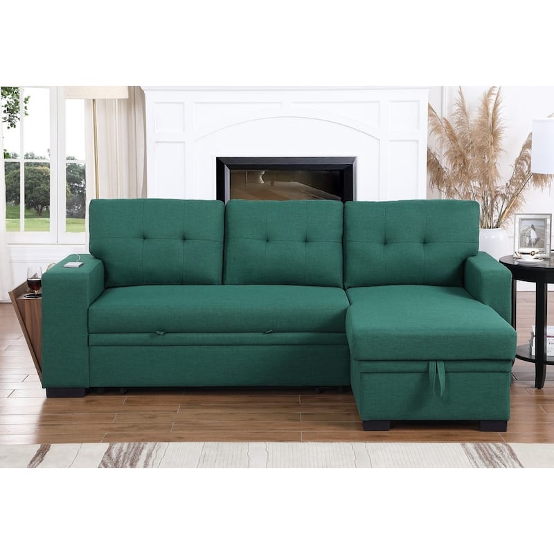 Linen L-Shaped Convertible Sectional Sofa Bed with Storage and Wooden Accent