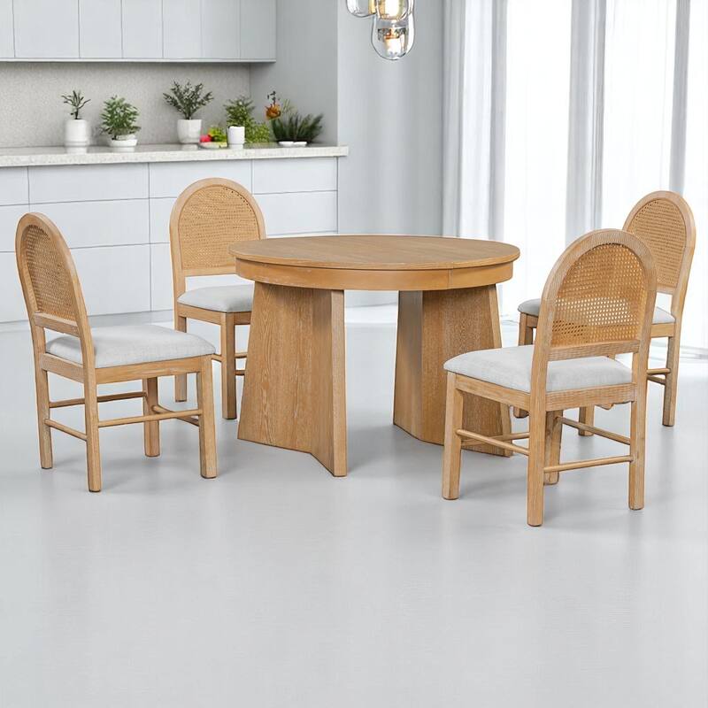 5-Piece Retro Extendable Dining Table Set for 4 with Upholstered Chairs and Rattan Backrests, Kitchen Table Set for Dining Room