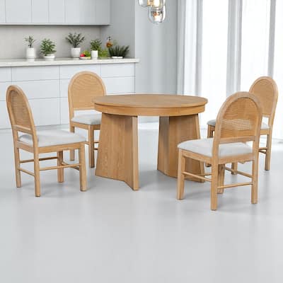 5-Piece Retro Extendable Dining Table Set for 4 with Upholstered Chairs and Rattan Backrests, Kitchen Table Set for Dining Room