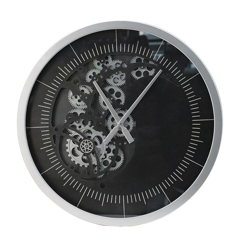 Reny 23 Inch Wall Clock, Decorative Gear Design, Round, Silver, Black Iron