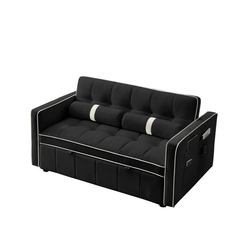 Velvet Pull Out Sleeper Sofa Bed, Adjustable Backrest Upholstered Tufted Couch Futon Sofa with 2 Pillows, Pockets