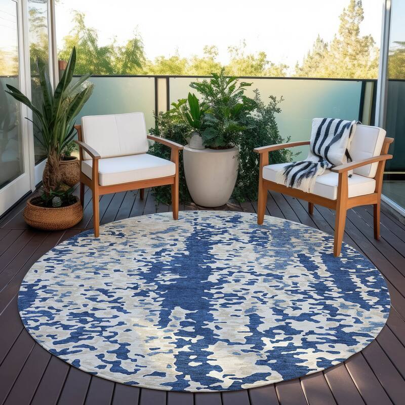 Machine Washable Indoor/ Outdoor Abstract Chantille Rug - Navy - 8' x 8'