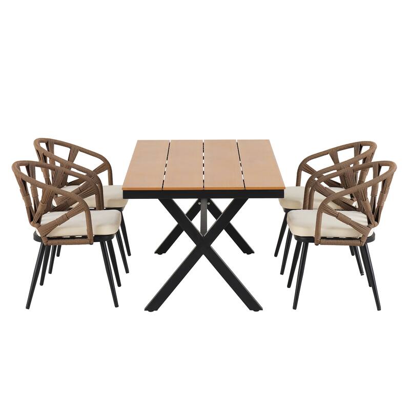 5 Pcs Outdoor Dining Table and Chairs Set, Patio Furniture Sets with PE Rattan Chairs and Rectangular Wood Table