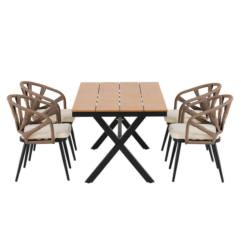 5-Piece Outdoor Patio Iron Dining Set with Rectangular Table and 4 Rope Art Cushioned Chairs