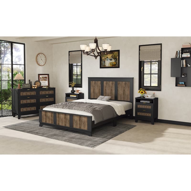 Queen-Size Wood Platform Bed Frame with Headboard - Wooden Strip Decoration and Plywood Slat Support