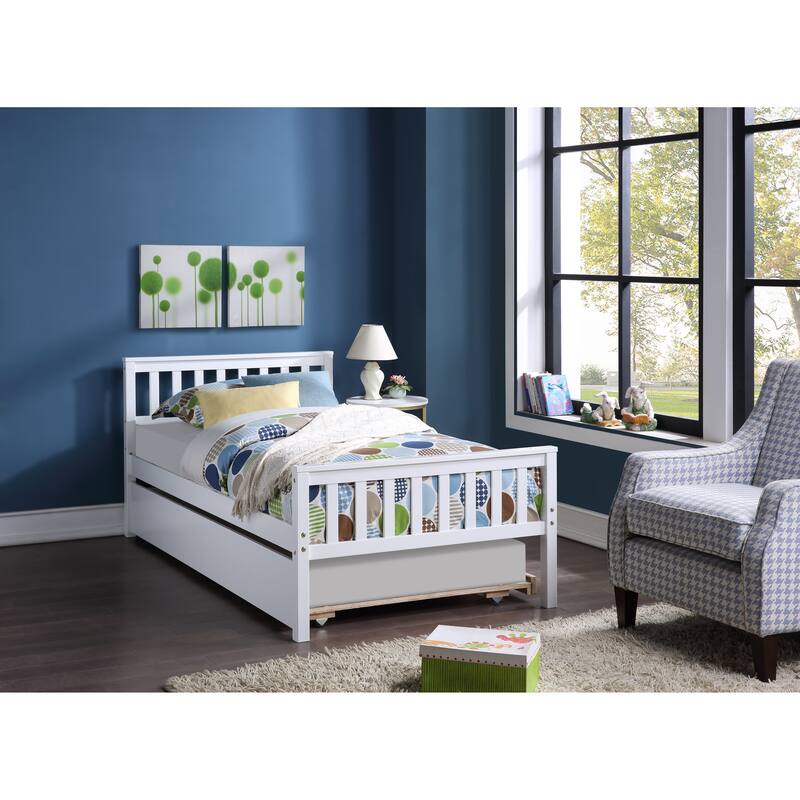 Space-Saving Twin Platform Bed with Pull-Out Trundle, Headboard & Footboard, No Box Spring Needed, White