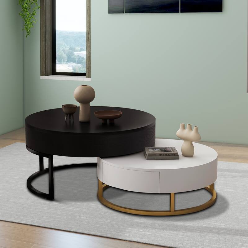 Modern Stylish Two Piece Wooden Nesting Coffee Table Set - White+Black+Gold