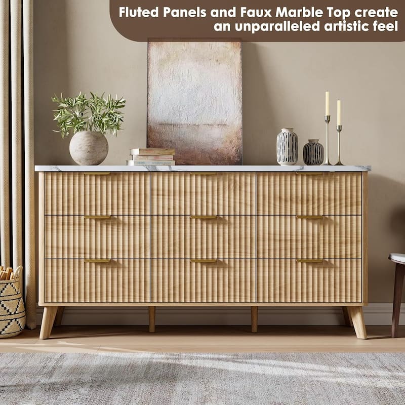 Modern Fluted 9 Drawers Dresser TV Stand for Living Room, Bedroom