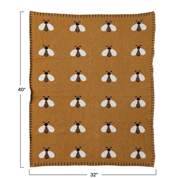 Cotton Knit Baby Blanket with Bee Print - 40.0"L x 32.0"W x 0.3"H - 40.0"L x 32.0"W x 0.3"H