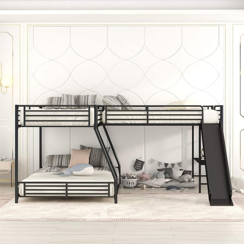 L-Shaped Twin over Full Bunk Bed with Twin Size Loft Bed, Built-in Desk and Slide, Bunk Metal Bed Frame, No Box Spring Needed