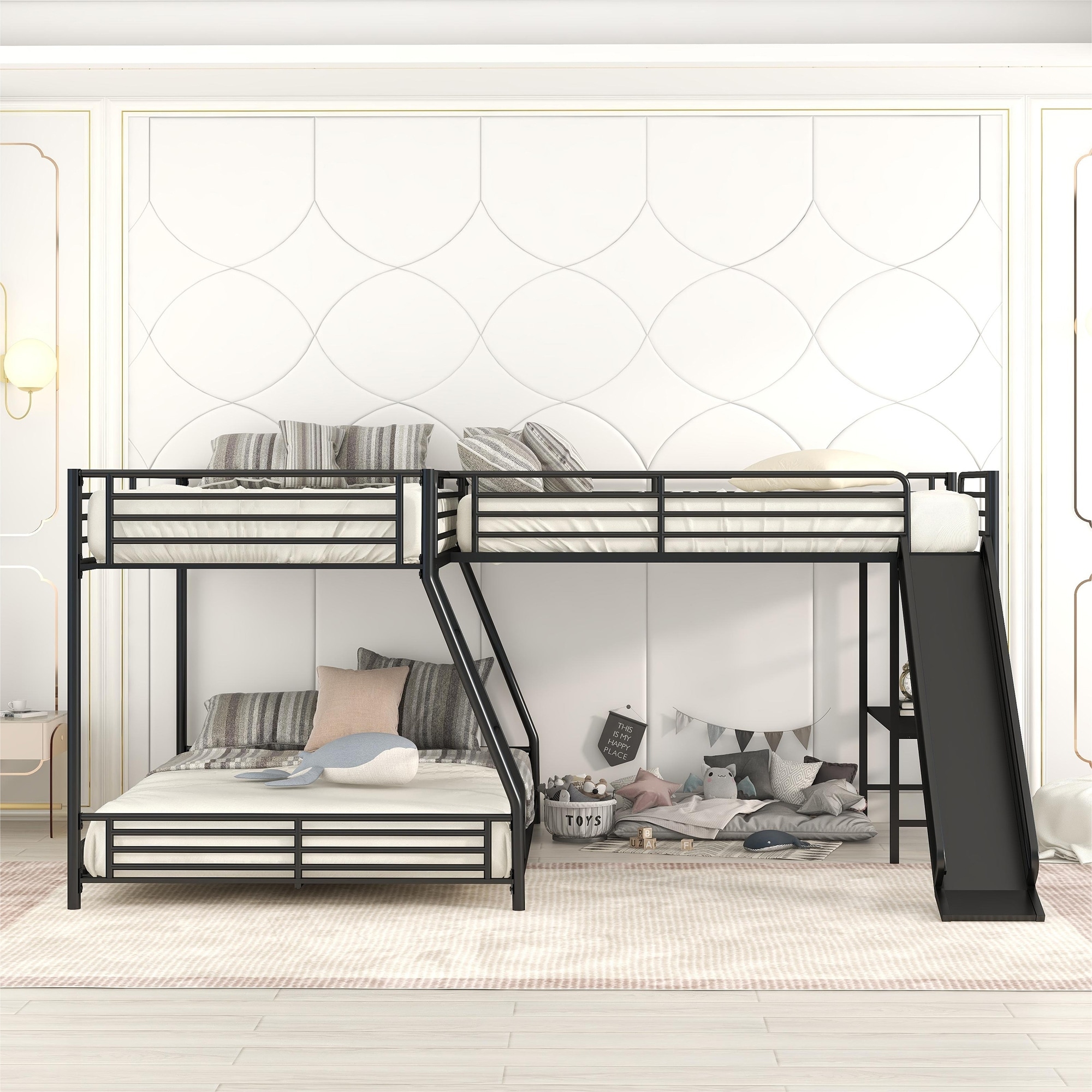 L shaped Twin over Full Bunk Bed Modern Metal Frame Space saving Loft Bed for 3 with Built in Desk and Slide Guardrails Bed Bath Beyond 36689915