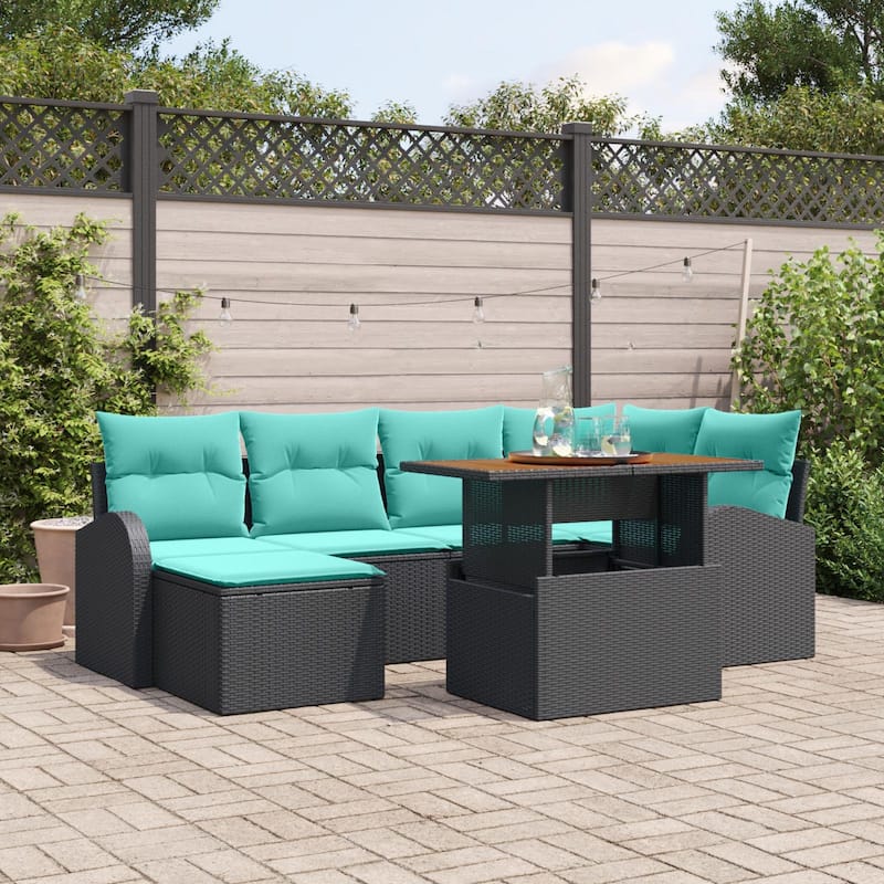 vidaXL 7 Piece Garden Sofa Set with Cushions Black Poly Rattan - 92.1×48.8×27.2