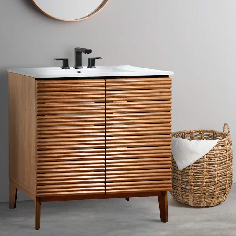 Javer Thin Linear Slat Modern Farmhouse 2-Shelf Bath Vanity Cabinet Only (Sink Basin not Included), by JONATHAN Y
