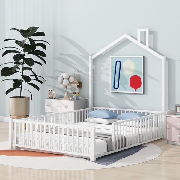 slide 2 of 23, Full Size Platform Bed w/Guardrail and Chimney Design, Heavy Duty Metal House Shape Floor Bed Frame for Children, Boys and Girls White - Full