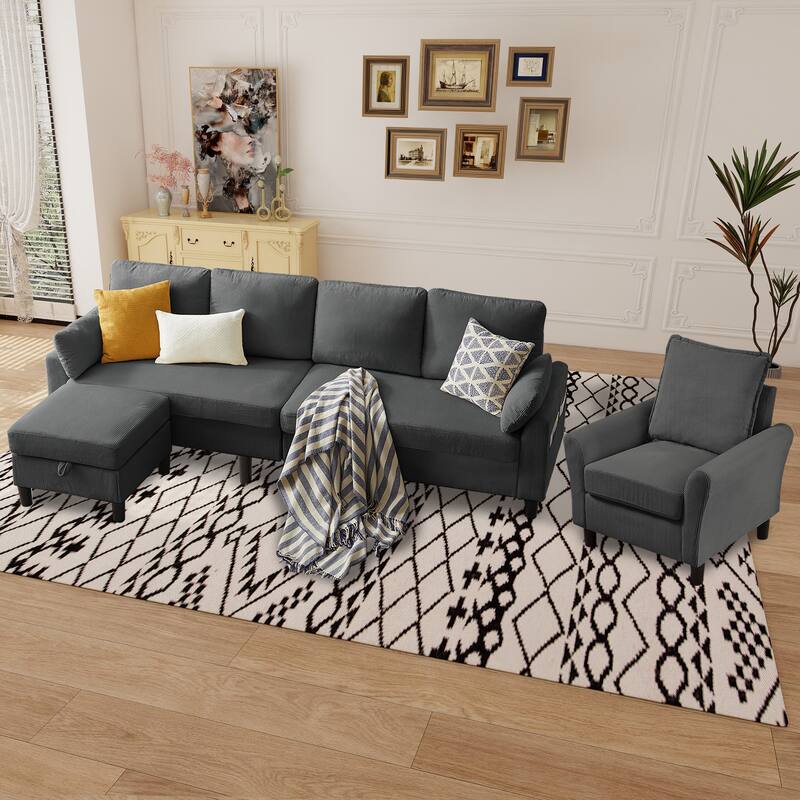 101"Corduroy 3 Piece Living Room Set Including 4 Seater Sofa ,Storage Ottoman and Chair